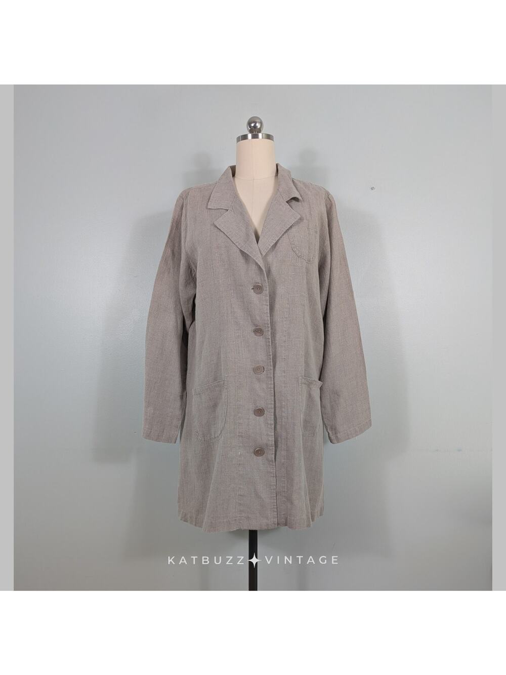 Flax Linen Duster Jacket Top Button L Tan Brown Khaki Pocket Tunic Lagenlook